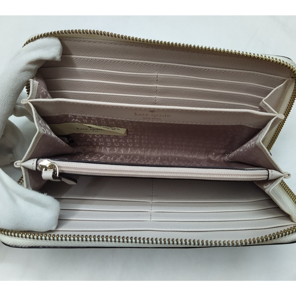 Kate Spade New York Colorblock Ivory Beige Leather Zip Around Credit Card Wallet - Picture 9 of 16
